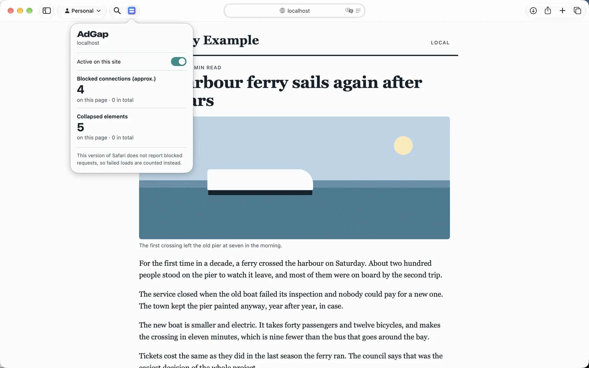 Safari on the Mac with the AdGap button open on a news article: 4 blocked connections and 5 collapsed elements on this page