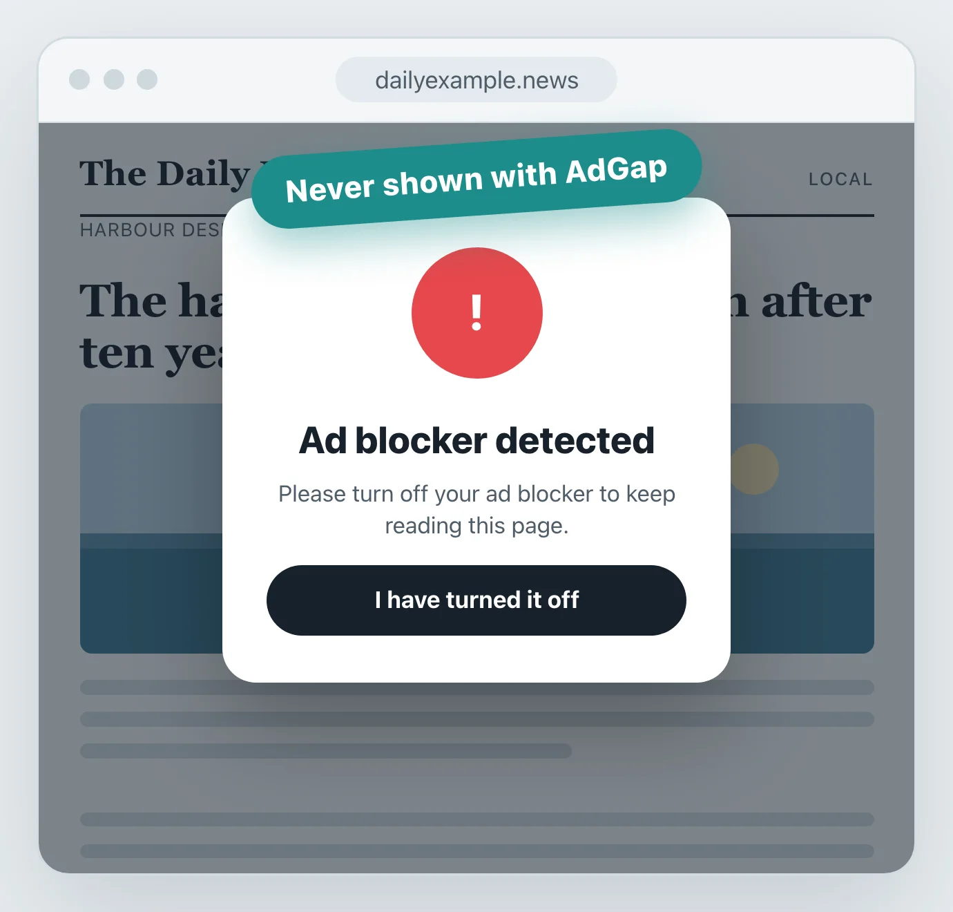 A news page covered by an “Ad blocker detected” wall, with the label “Never shown with AdGap”