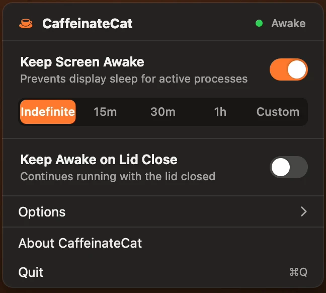 The CaffeinateCat panel open from the Mac menu bar: Keep Screen Awake is on and set to Indefinite; Keep Awake on Lid Close is off.