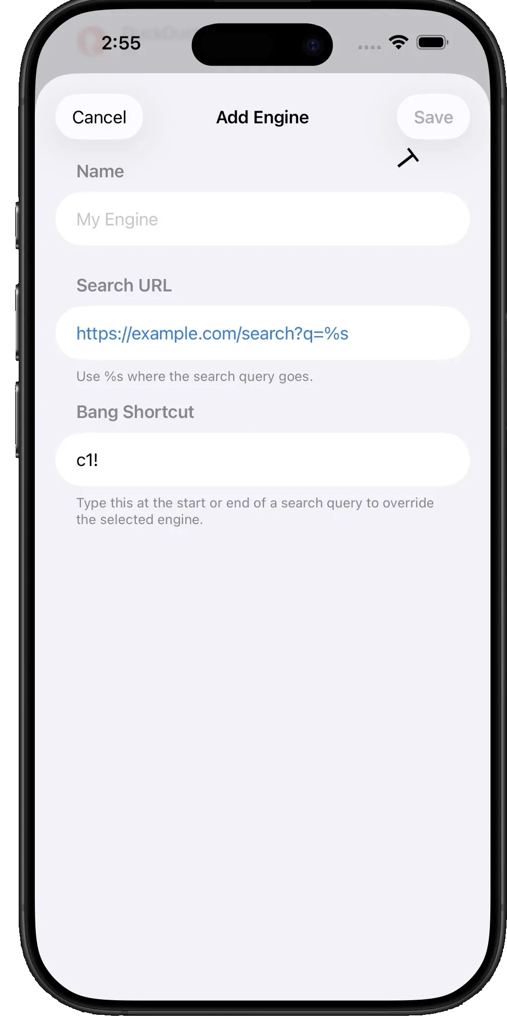 Add Engine screen on iPhone with a custom search URL and the bang shortcut c1!
