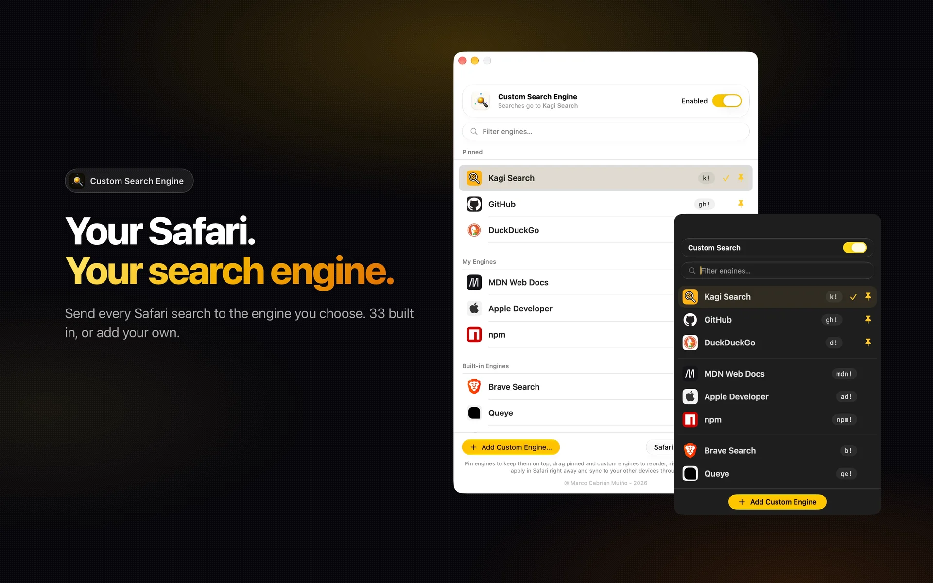 Your Safari. Your search engine: the Custom Search Engine window on the Mac and its Safari popover, with Kagi, GitHub and DuckDuckGo pinned