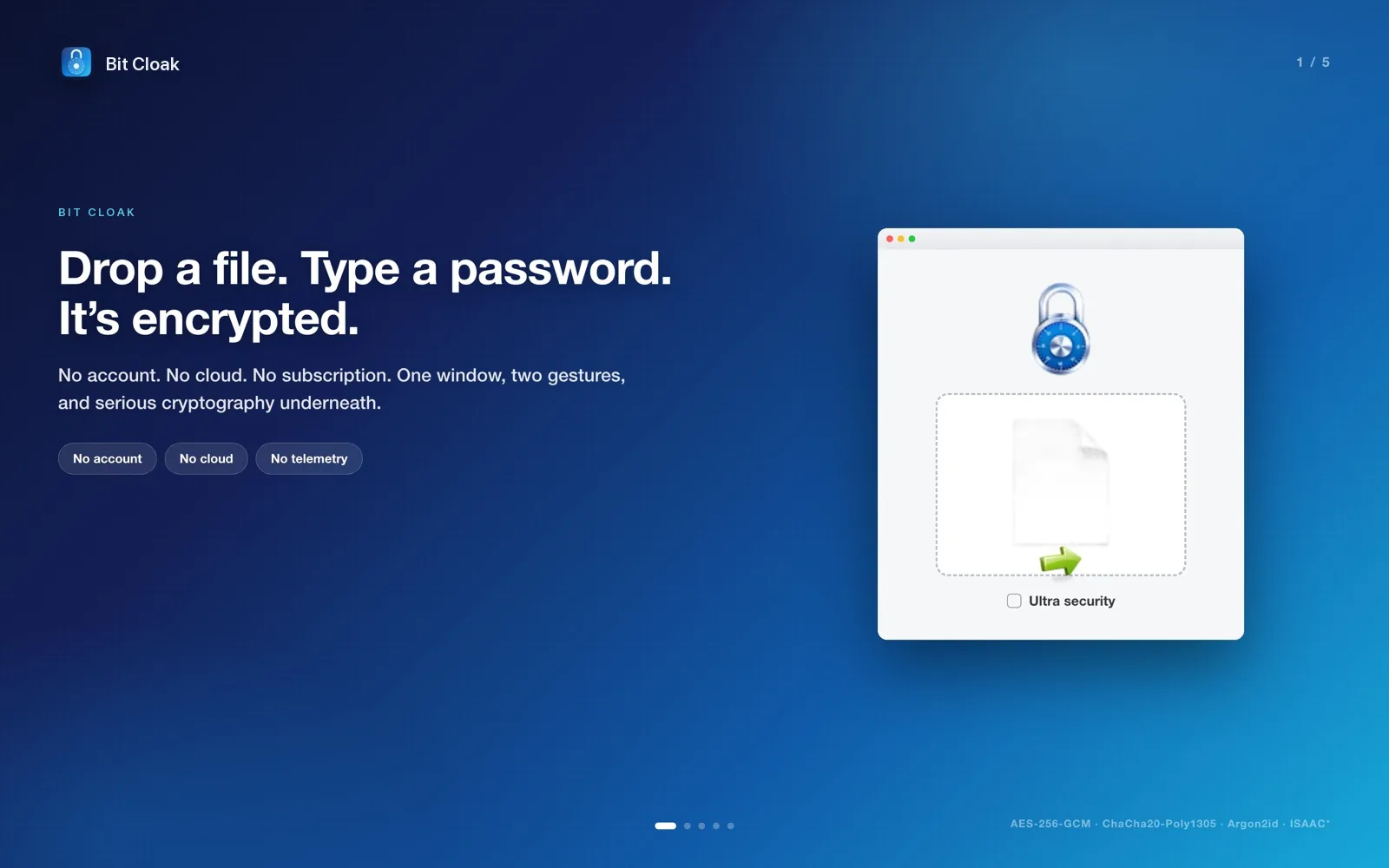 Bit Cloak: drop a file, type a password, and it is encrypted.