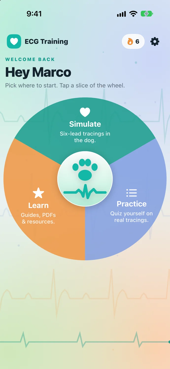 ECG Training on an iPhone: the home wheel with Simulate, Learn and Practice