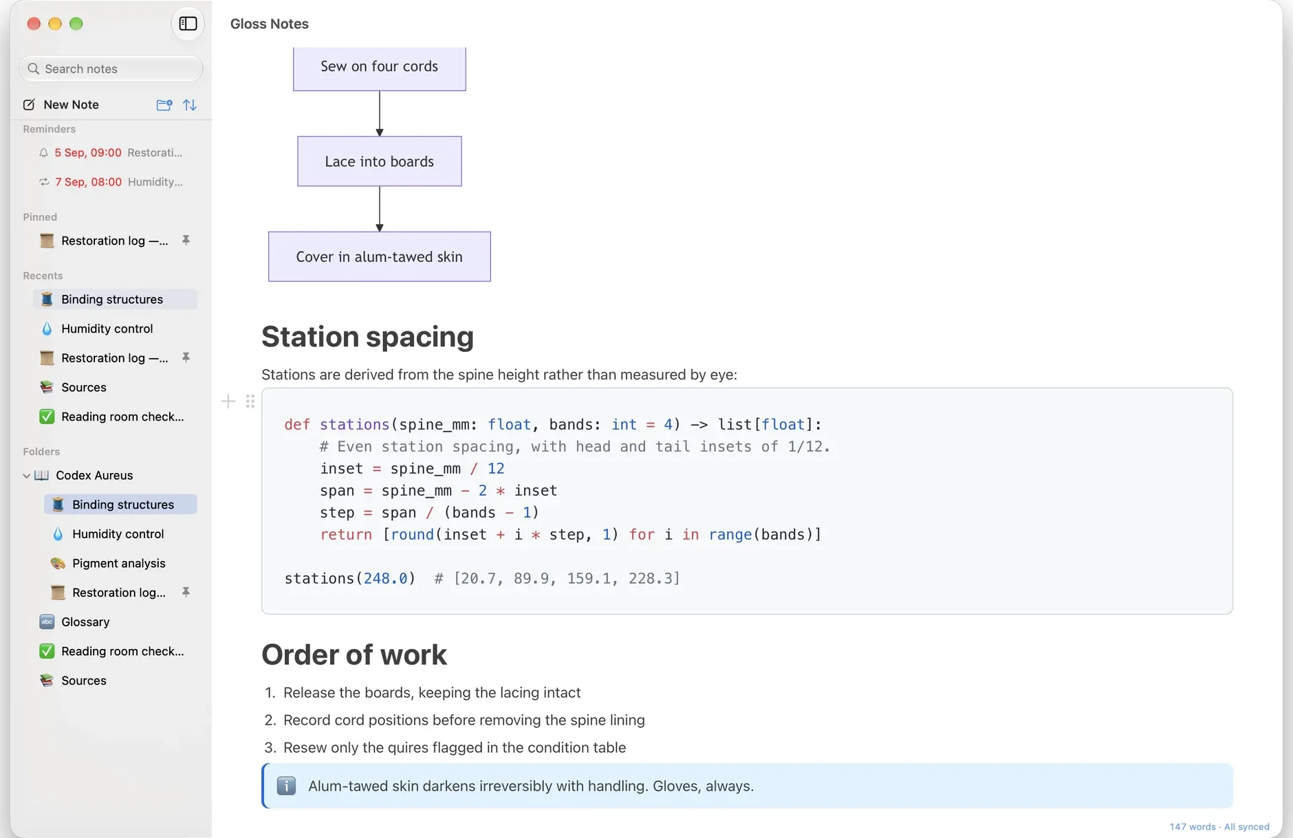 A code block and a numbered list in Gloss Notes, with an information callout.
