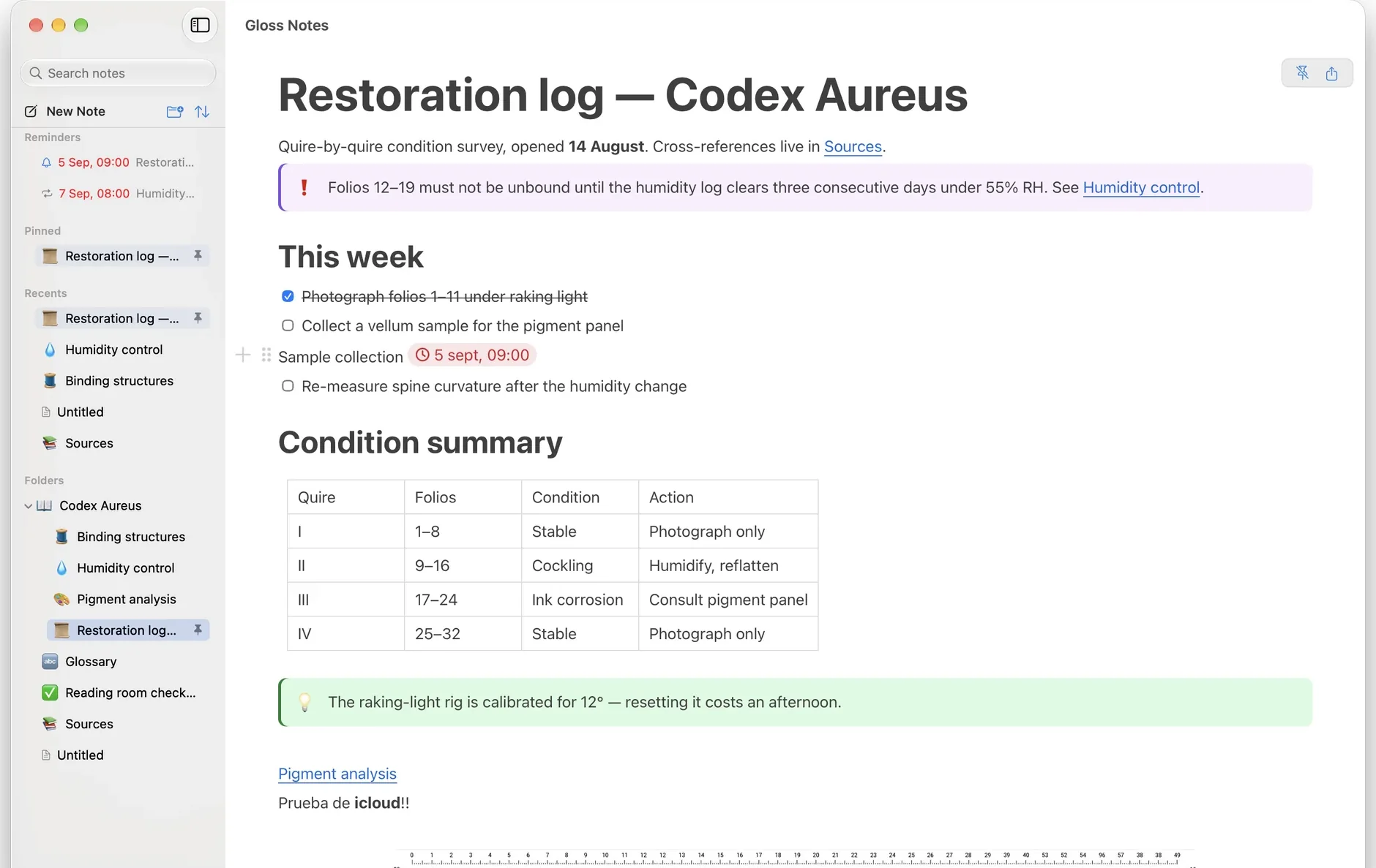 Gloss Notes on the Mac: a restoration log with a checklist, a table, a callout and a link to another note.