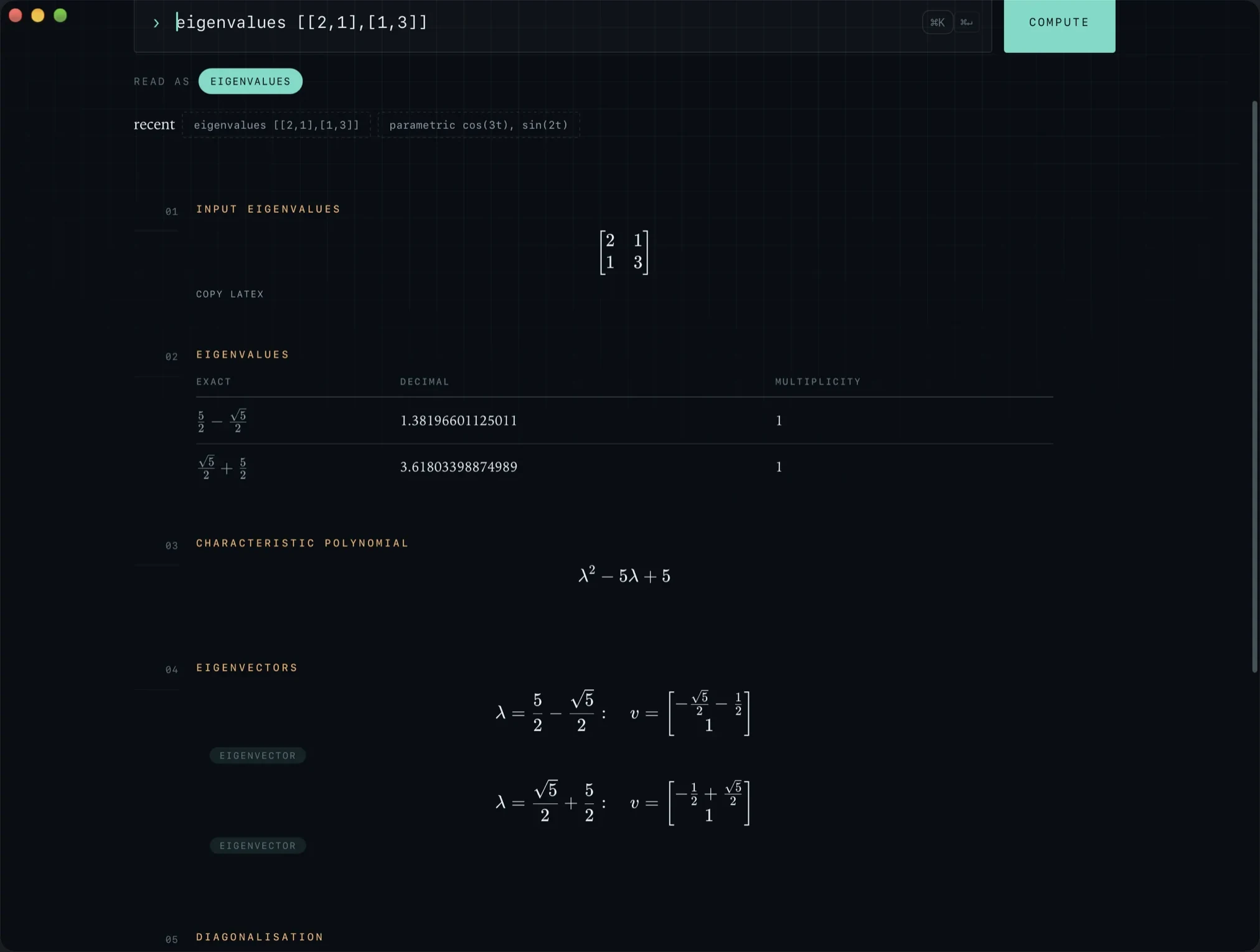 MyCAS in its dark theme, showing eigenvalues of a 2 by 2 matrix, exact and decimal, with eigenvectors.