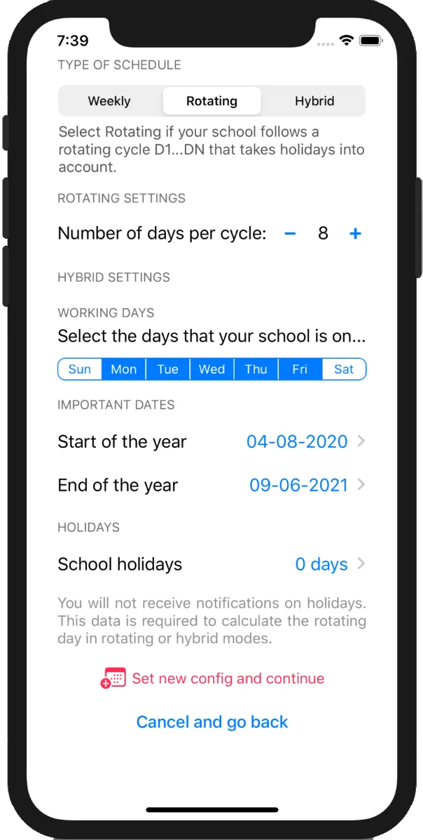 Timetable configuration screen on iPhone