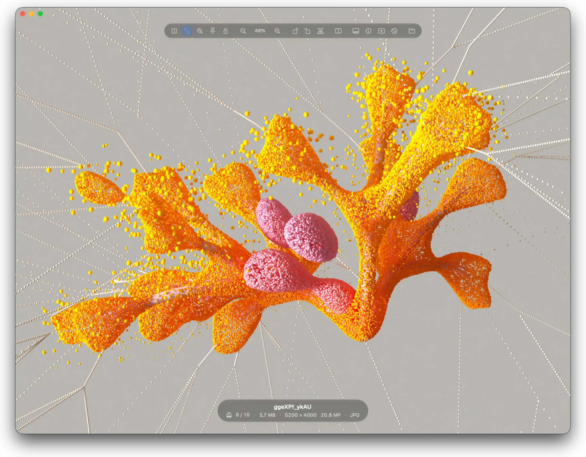 Pictty on the Mac: an orange abstract sculpture, with the floating toolbar and the file pill in Liquid Glass.