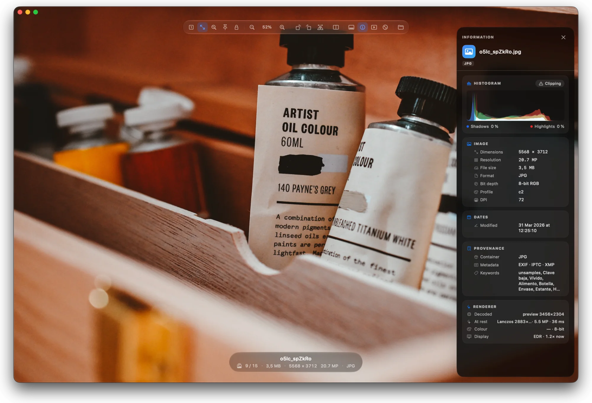 The Pictty information panel next to a photo of paint tubes: histogram, image details, dates, provenance and rendering.