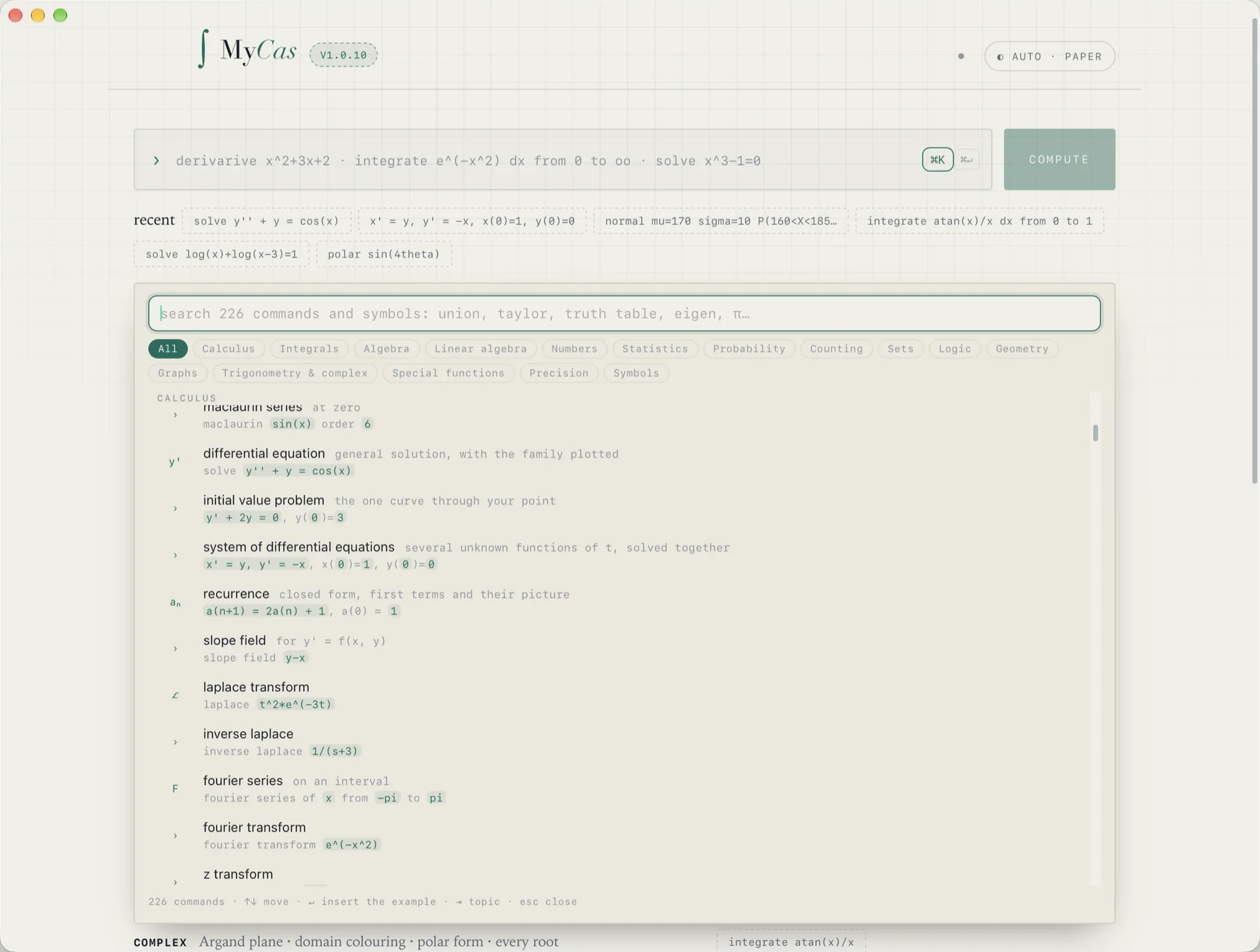 The ZetaCAS command menu open on Calculus, listing differential equations, recurrences, Laplace and Fourier transforms.