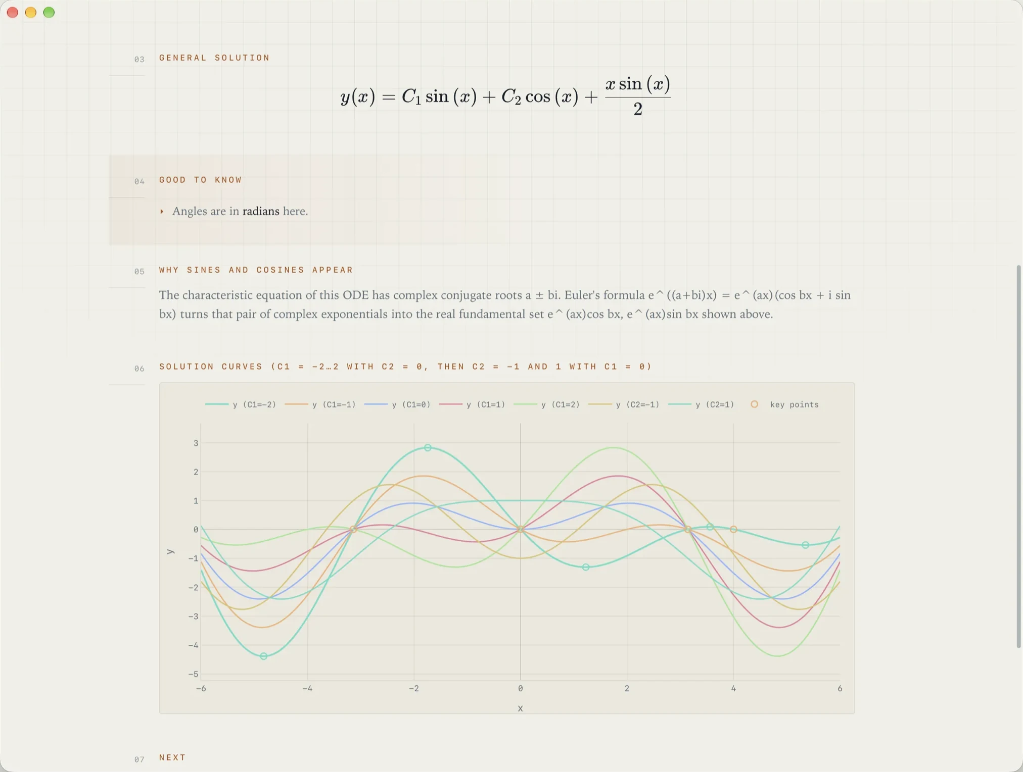 ZetaCAS on the Mac: the general solution of a differential equation, typeset, with its family of solution curves