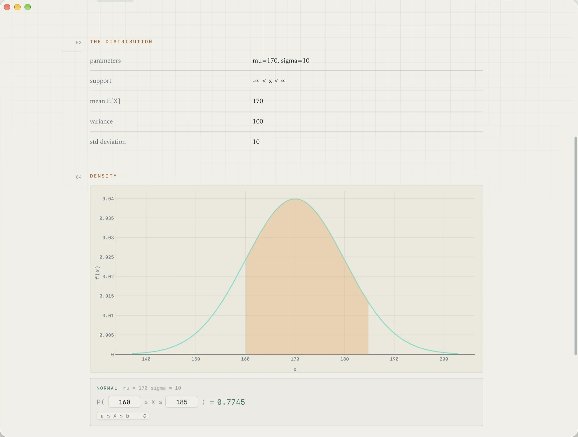 A normal distribution in ZetaCAS, mean 170 and sigma 10, with the probability between 160 and 185 shaded.
