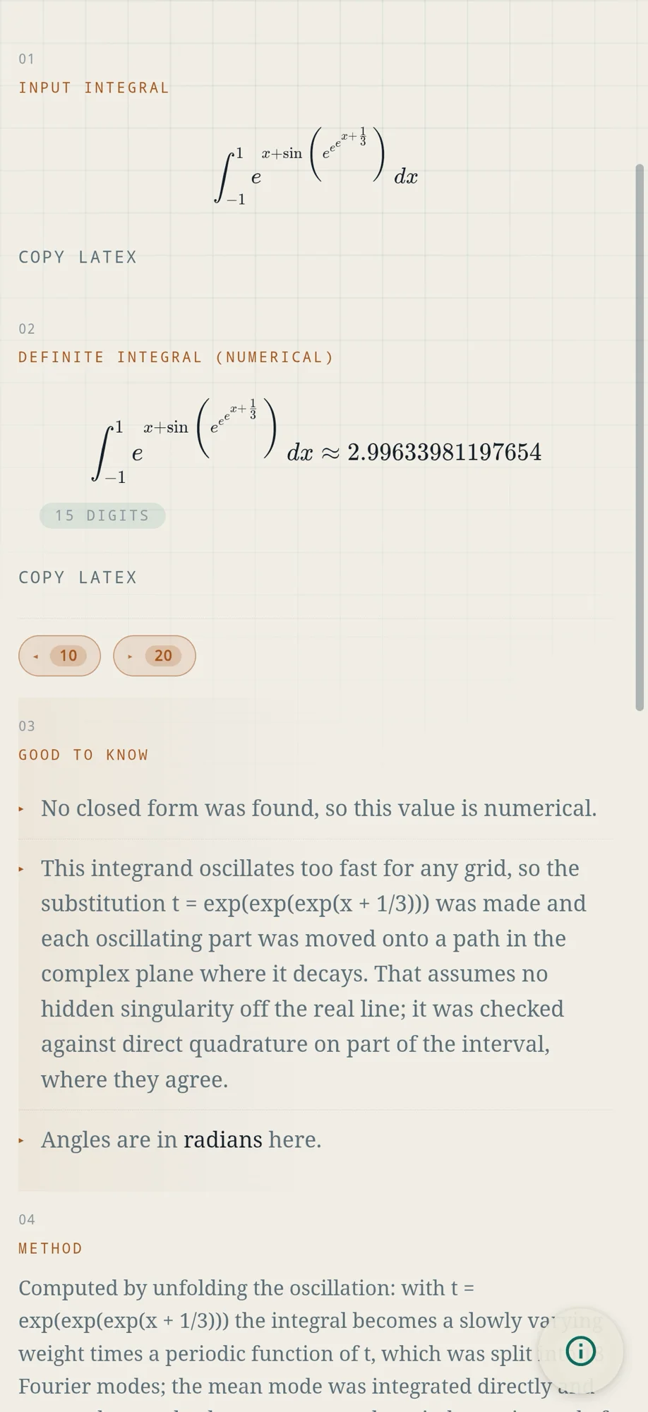 ZetaCAS on a phone: the integral from -1 to 1 of e to the power x plus sin of e to the e to the e to the x plus one third, about 2.99633981197654 to 15 digits, with notes on why there is no closed form and how the value was computed.