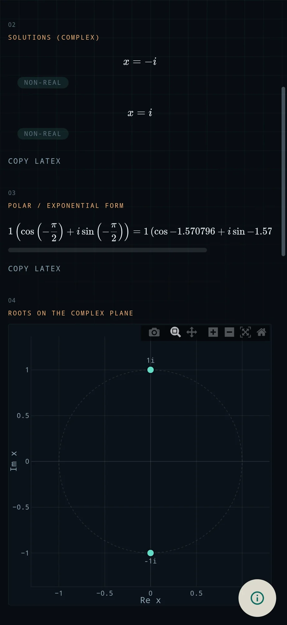 ZetaCAS on a phone showing the solutions x equals i and x equals minus i, and both roots on the complex plane.